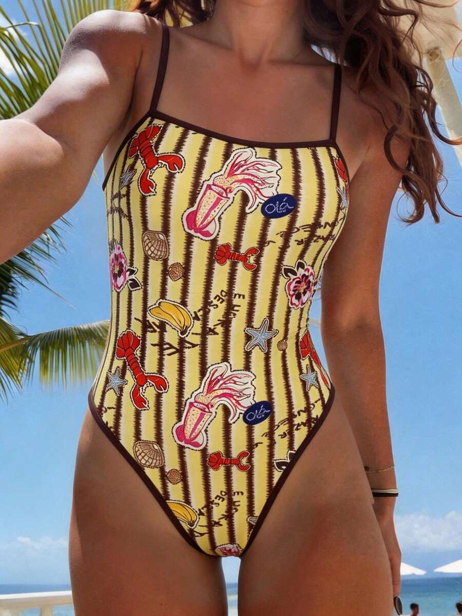 Swim Mod 春夏新款欧美风性感连体泳衣,高腰三角泳裤,海洋生物印花撞色细肩带,胸部褶皱设计,露背,女士/女孩连体泳衣,甜美保暖春季海滩度假风 - 彩色 - 查看 1