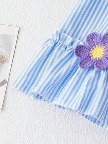 SHEIN Baby GirlColorful Striped Floral Trim Casual Cute Dress With 3D Flower Decor, Spring/Summer - Blue - View 4