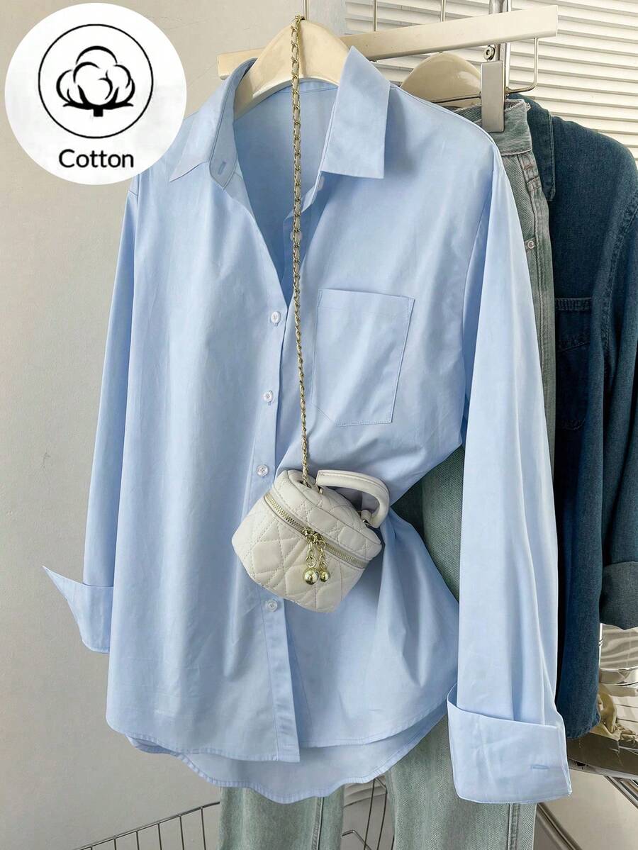 Franclia Women's Solid Color Long Sleeve Single-Breasted Casual Shirt - Blue - View 1