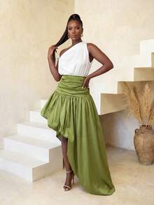 BamGlimmer Women's Olive Green,Autumn,Elegant,Bar Party Irregular Hem Skirt,Waist Cinched Oversized Loose New Design Holiday Resort Fashionable Casual Style - Green - View 3