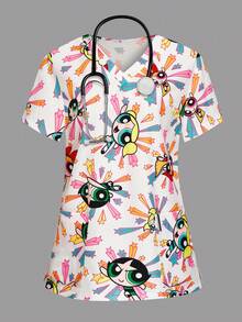 PopScrub THE POWERPUFF GIRLS X SHEIN Atasan Seragam Medis Wanita Model Leher V Motif Bintang Warna-warni Musim Panas | Seragam Kolaborasi Cartoon IP - MultiWarna - View 3