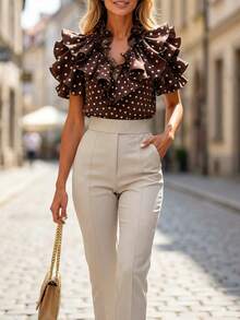 Pariaura Women's Polka Dot Unique Design Blouse, V-Neck Short Sleeve Ruffle Sleeve Casual Tops For Summer, Beach, Party, Birthday, Street Fashion Blouse Polka Dot Polka Dots Top Blouse For Women Formal Attire Modern Tops For Women Brown Polka Dot Top Ruffle Sleeve Top Cute Tops For Women Fashion Top Polka Dot Shirt Brown And White Polka Dot Top Brown Spotty Top Brown Pokadot Top Latest Tops For Women New Arrivals - Multicolor - View 4