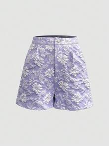 SHEIN Unity 女士花卉纹理印花随机剪裁短裤 - 紫色 - 查看 3