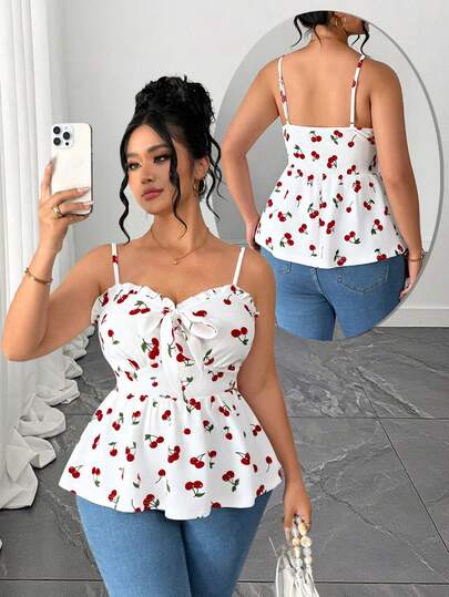 Elenzga Plus Size Bestselling French Sweet Cherry Floral Pattern Ruffle Trim Bow Tie Camisole, Minimalist Waist Cinching Design, Suitable For Daily Commute, Dates, Gatherings, Outings And Vacations