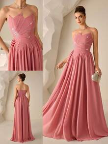 Coutiva 女士珍珠雪纺缀饰正式晚礼服（重工刺绣） - 西瓜粉 - 查看 8