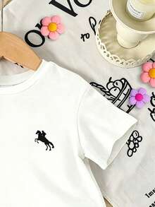 Souflis Souflis Girls' Sweet & Cool Knight Print Short Sleeve Top T-Shirt + Yellow Striped Shorts 2pcs Set, Children Summer Casual Outfit - Multicolor - View 5