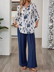 EMERY ROSE Damset med vår-/höstmönster, avslappnad semesterstil, botaniskt tryck, topp med rullflikar och vida byxor - Multifärgad - Visa 3