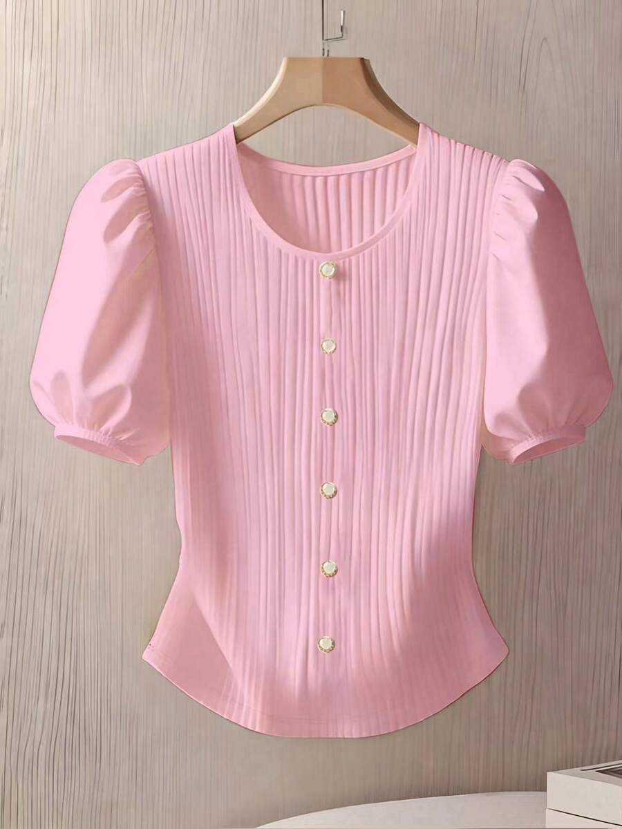 Franclia Áo thun nữ tay cánh hoa màu trơn, kiểu dáng thường ngày, thích hợp cho mùa hè. - Màu Hồng baby - Xem 1