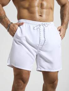 ZELFYO Pantalones cortos de playa casuales con cordón de unicolor para hombres - Blanco - Ver 5