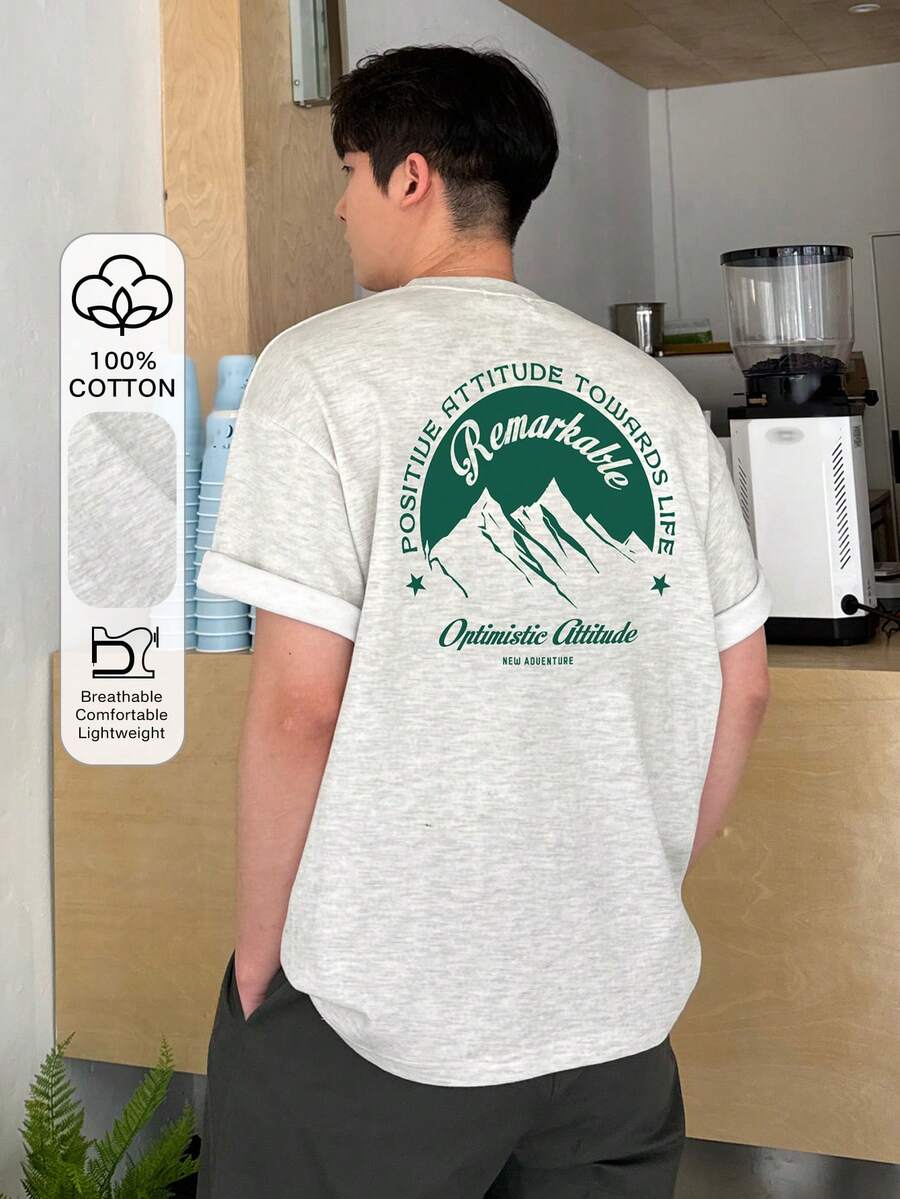DAZY Men's Summer Mountain Slogan Printed Casual Round Neck Short Sleeve T-Shirt - Light Grey - View 1