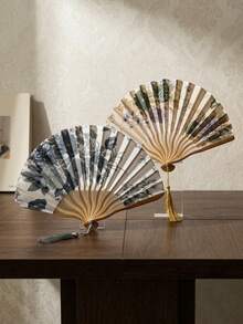 Cirelle 1pc/2pcs With Ink Paintings And Tassels, This Folding Fan Is Perfect For Giving As A Gift. The Bamboo Fan Can Be Folded For Portability. It Embodies The Charm Of Chinese Style And Is Suitable For Giving As A Gift During Festivals. - multicolor - View 1