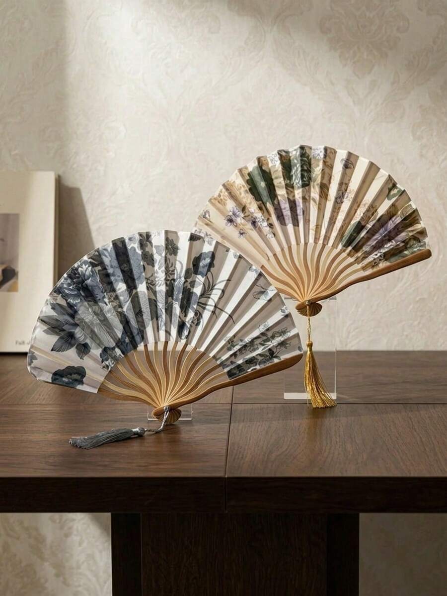 Cirelle 1pc/2pcs With Ink Paintings And Tassels, This Folding Fan Is Perfect For Giving As A Gift. The Bamboo Fan Can Be Folded For Portability. It Embodies The Charm Of Chinese Style And Is Suitable For Giving As A Gift During Festivals. - multicolor - View 1