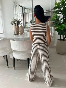 SHEIN 2pcs/Set Tween Girls Brown And White And Loose Tank Top + Wide Leg Pants,Summer Casual Modest Outfit For Graduation,Vacation,Back To SchoolDaily Wear - Brown - View 2