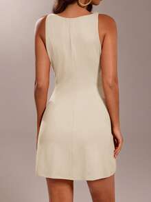 SHEIN Forever 21 Vestido corto sin mangas de verano de color liso con cintura ceñida para mujer - Albaricoque - Ver 2