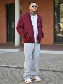 Devon Thys Áo nỉ trùm đầu có khóa kéo in chữ mùa thu dành cho nam, áo dài tay - Màu Đỏ Sâu - Xem 1