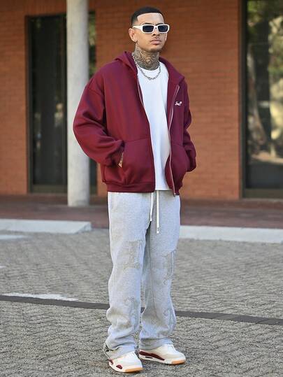 Devon Thys Men's Autumn Letter Print Zip-Up Hooded Casual Sweatshirt, Long Sleeve Top