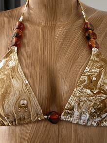 Bellisia Summer Women 3-Piece Set: Marble Print Beaded Necklace, Triangle Top With Tie Sides, Layered Ruffle Skirt Bikini Swimwear Beach Vacation Gold Sexy - Coffee Brown - View 4