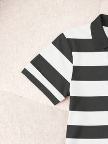 Resyla Blusa casual de mujer con cuello polo a rayas y manga corta - Gris - Ver 4