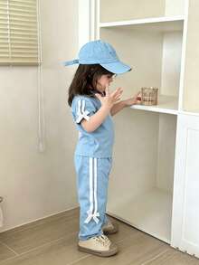 Souflis Souflis 2件套女婴0-3岁休闲百搭街头风浅蓝色T恤和裤子套装 - 淺藍色 - 查看 4