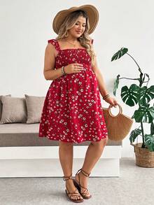 Plussiva Plus Size Maternity Summer Vacation Ditsy Floral Loose Dress Vacation Outfits Red Dress  Floral Dress - Red - View 4