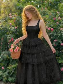 Skyraze Women's Solid Color Lace Multi-Layer Ruffle Romantic Dress - Black - View 1