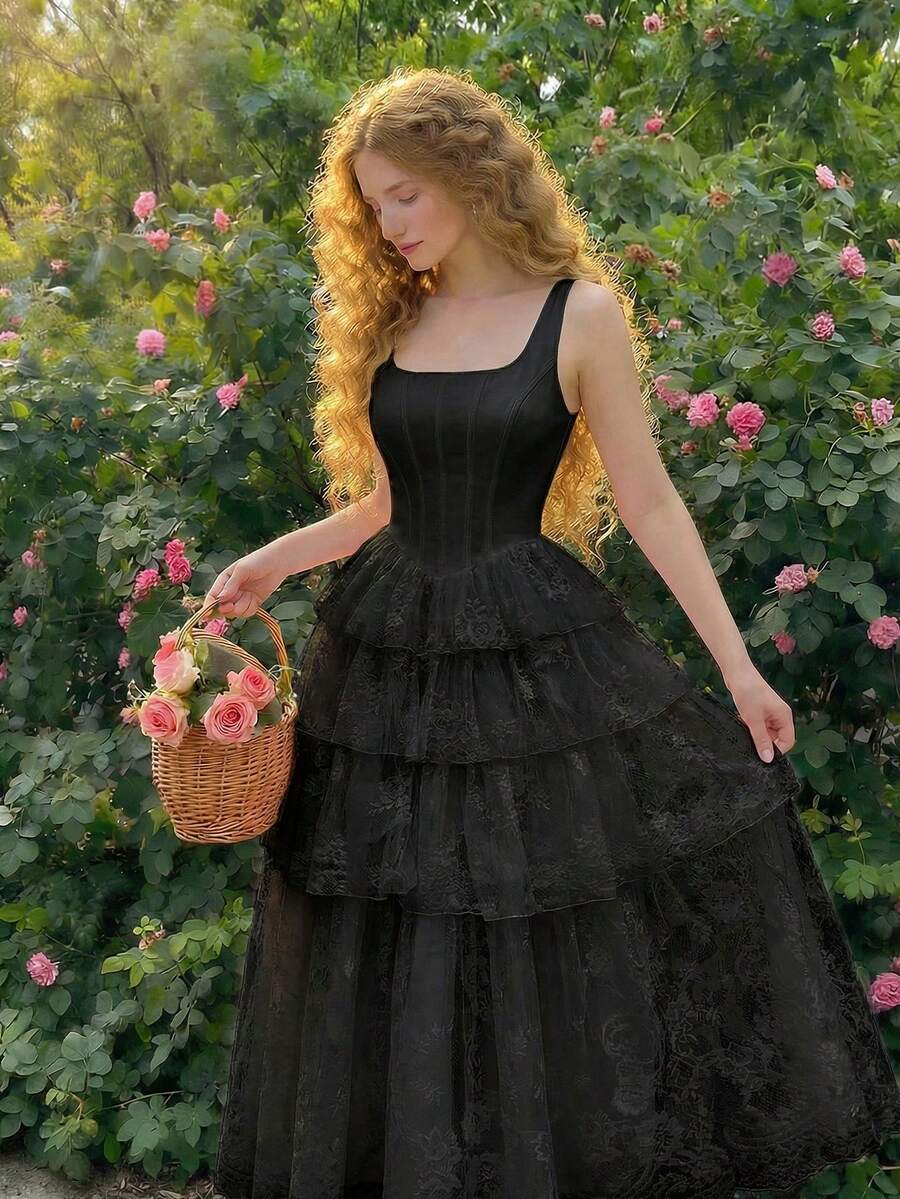 Skyraze Women's Solid Color Lace Multi-Layer Ruffle Romantic Dress - Black - View 1