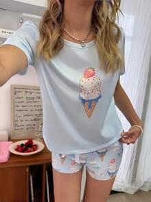 SweetSlumber Cute Cartoon Ice Cream Bow Crew Neck Women Pajama Set - Multicolor - View 5