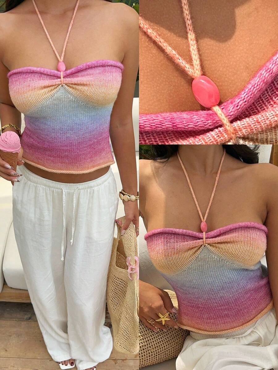 Aloruh 女士露背吊带渐变色休闲百搭针织上衣，适合日常穿着，夏季百搭，夏季服装，沙滩装，海滩度假装，波西米亚热带风情度假女装，女士背心，女士吊带背心 - 西瓜粉 - 查看 1