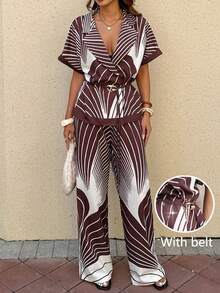 INAWLY Women's Summer Vacation All-Over Print Notch Collar Top And Pants 2 Pieces Set - Multicolor - View 1