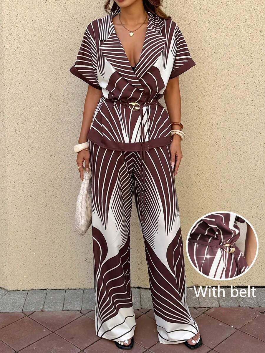 INAWLY Women's Summer Vacation All-Over Print Notch Collar Top And Pants 2 Pieces Set - Multicolor - View 1