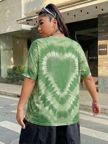 SHEIN EZwear Plus Size Women Heart Pattern Casual Versatile Daily Short Sleeve T-Shirt - Army Green - View 2