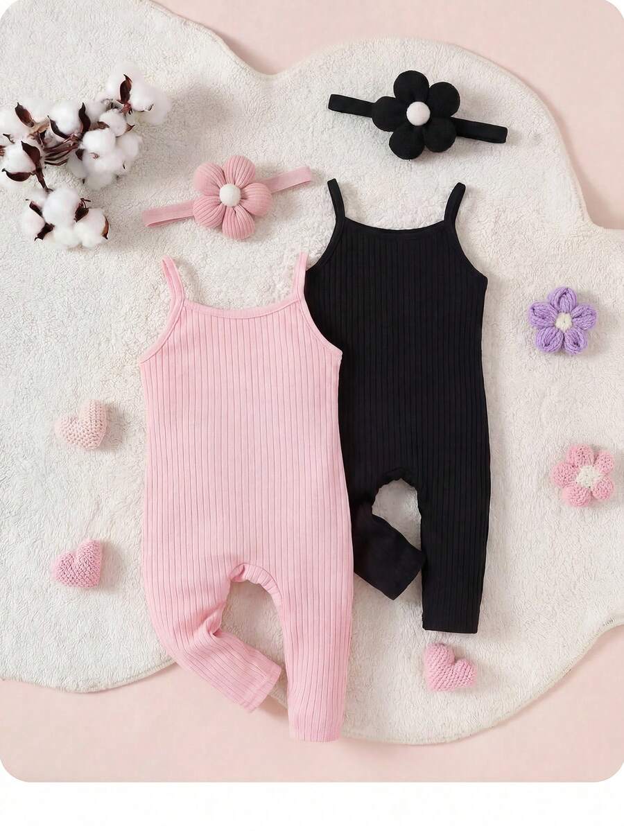 SHEIN Baby Girl 2pcs Ribbed Knit Cami Jumpsuit - Black - View 1