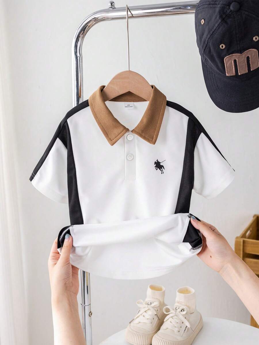Genkimix Kids 男童休闲拼接 Polo 领短袖 Polo 衫,适合通勤、上学、日常休闲、运动、春夏穿着 - 彩色 - 查看 1