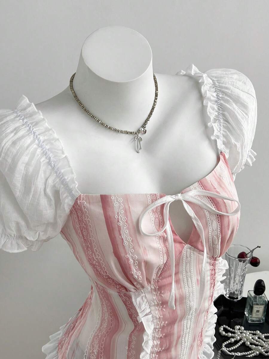 Elamini Áo sơ mi nữ thắt eo in họa tiết dễ thương, mới, thích hợp cho kỳ nghỉ thường ngày, đi làm, màu hồng nữ tính. - Hồng - Xem 1