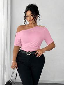 Elenzga Plus Size Women Elegant Personalized Versatile Casual Commute Cold-Shoulder Top - Pink - View 6