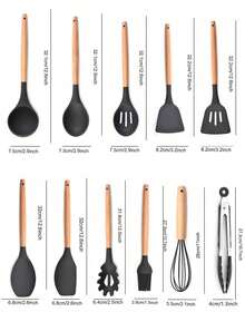 Madebyblanc Silicone Cookware Set, 12 Large Heat-Resistant Kitchen Utensils, Turner Pliers, Spatula, Spoon, Wooden Handle Kitchen Small Tool, With Anti Stick Cookware Holder - Dark Grey - View 17