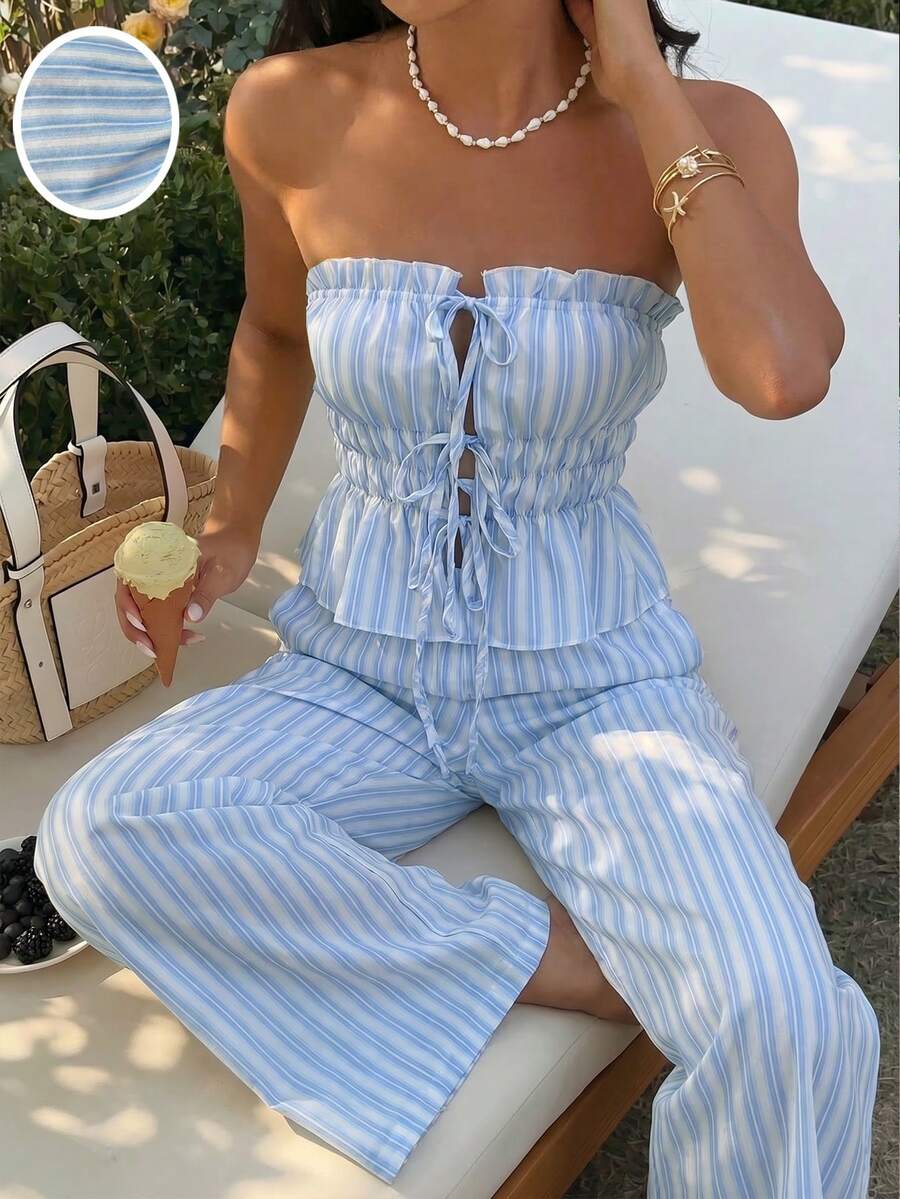 Sunnyshic 2pcs Women Blue Striped Pants Set, Fashion Versatile All-Match Casual Outfit For Daily, Beach, Holiday, Spring/Summer - Blue - View 1