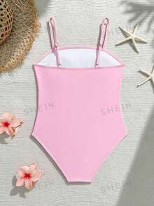 SHEIN Tween Girls Floral Print One-Piece Swimsuit - Baby Pink - View 2