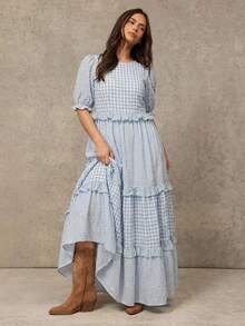 WESTFADE Đầm maxi xếp tầng dáng rộng, tay bồng họa tiết kẻ caro phối hợp, lưng hở, thắt dây. - Màu xanh nhạt - Xem 2