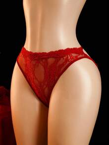 SHEIN 性感勃艮第酒红色蕾丝开裆女士外出内裤 - 酒紅色 - 查看 8