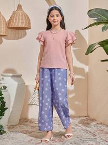 SHEIN 青少年女孩粉色夏季優雅校園風白色紋理梭織圓領抓皺荷葉邊飾飛袖修身休閒上衣，度假風，返校，隨性 - 粉色 - 查看 8