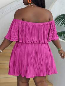 Slaydiva Off-Shoulder Ruffled Neckline Loose Green Dress In Pleated Fabric - Red Violet - View 2