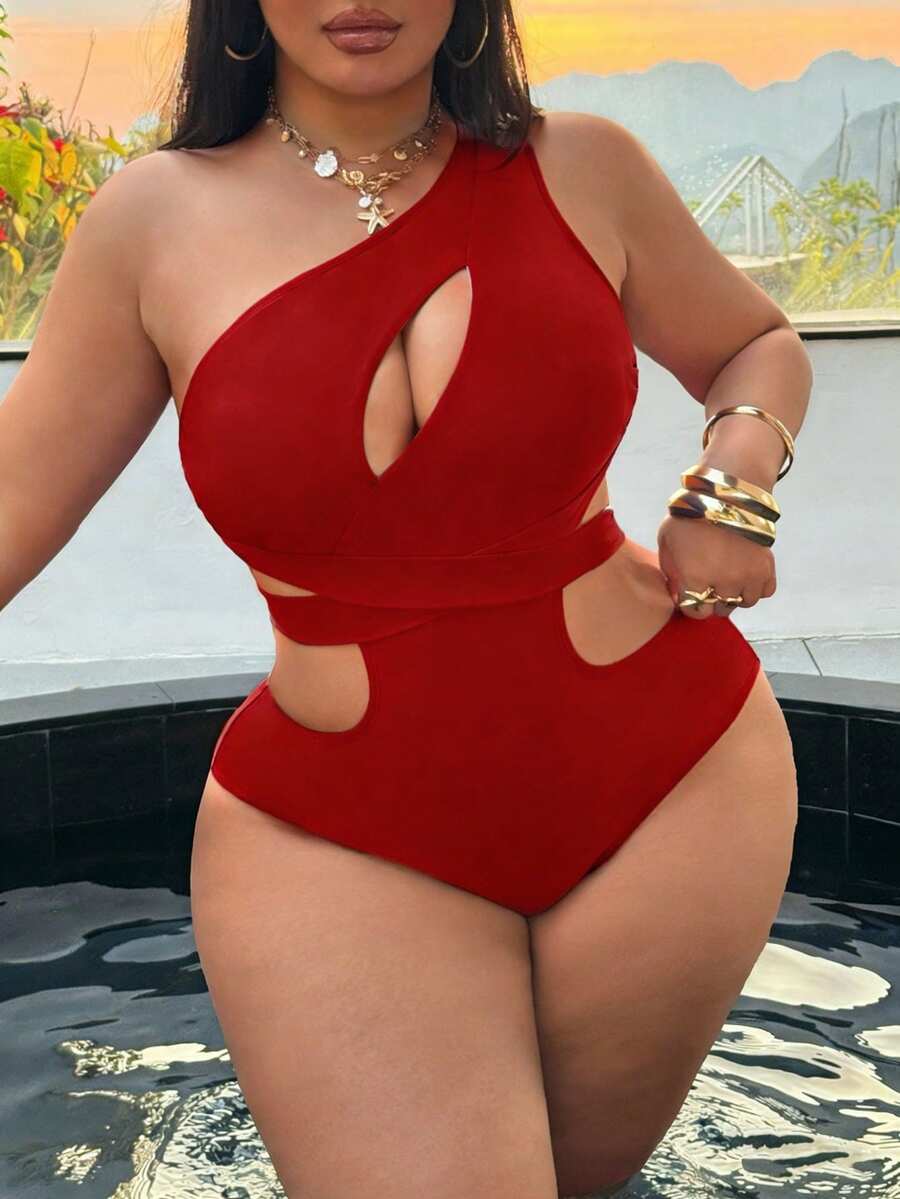 SHEIN Swim SXY Áo tắm liền thân cỡ lớn dành cho nữ, màu trơn, kiểu dáng bất đối xứng, vai khoét rỗng, eo buộc dây. - Đỏ - Xem 1