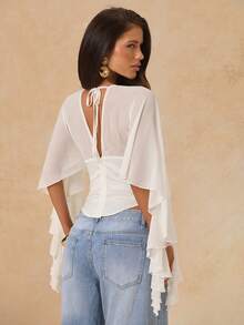 SHEIN BAE Áo croptop chiffon tay ngắn trễ vai màu đen, lãng mạn cho các buổi hẹn hò, ngày Valentine, đi chơi, tiệc tùng. - trắng - Xem 2