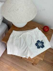 SHEIN EZwear Quần short nữ màu trắng kiểu retro họa tiết hoa dâm bụt, thắt eo, thích hợp cho các lễ hội âm nhạc, bãi biển, kỳ nghỉ và những chuyến đi chơi mùa hè. - Nhiều màu - Xem 5