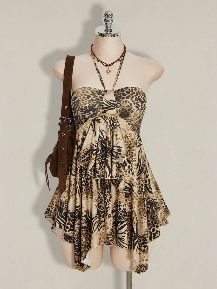 SHEIN ICON 女士极简印花露背迷你连衣裙
