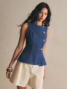 Poéselle Women's Metal Button Single-Breasted Sleeveless Denim Top - Dark Wash - View 4