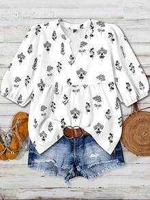 Linhara 大码女式印花V领泡泡袖休闲衬衫，情人节款 - 白色 - 查看 6