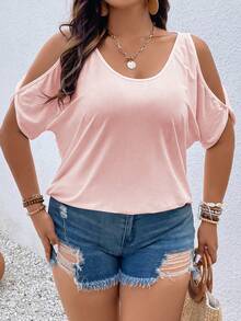 Plus Size Women Solid Color Off Shoulder Short Sleeve Casual T-Shirt - Baby Pink - View 3