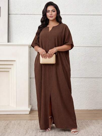 SHEIN Lady CURVE 秋冬工作绿色缺口蝙蝠袖长袍连衣裙加大码连衣裙度假装女士沙滩装女士海滩度假沙滩裙婚礼宾客礼服女士商务休闲女士舞会礼服